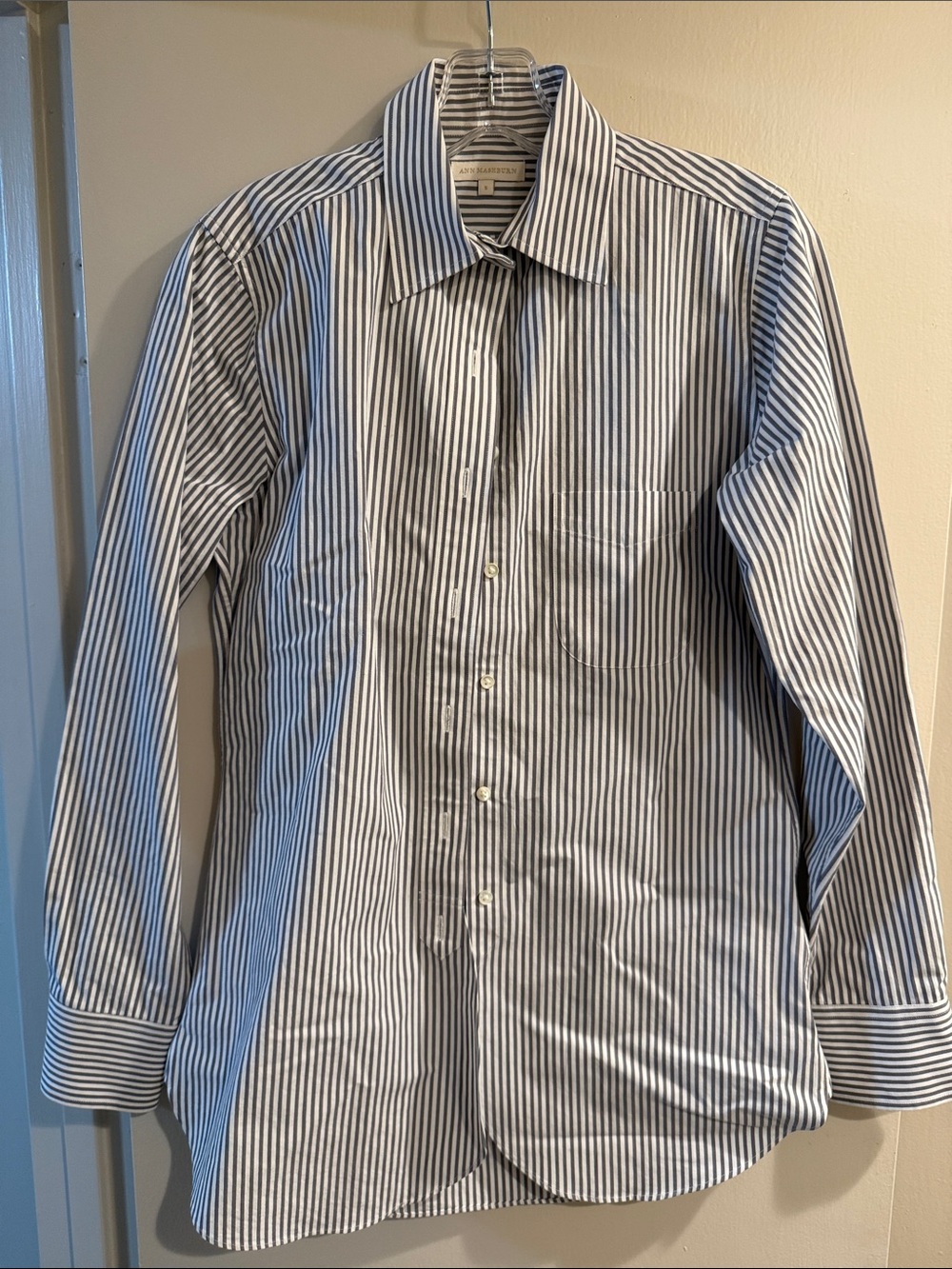 ANN MASHBURN Blue and White Vertical Stripe Dress Shirt